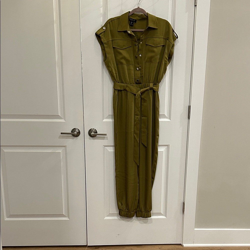 Elegant Olive Green Satin Jumpsuit with Pockets